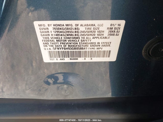 Honda Pilot Touring 2016 5FNYF6H93GB058641 Image 9