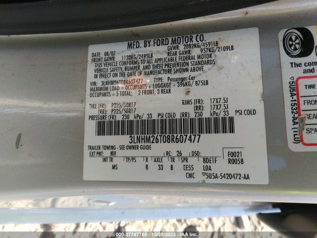 2008 LINCOLN MKZ 3LNHM26T08R607477 Photo 8