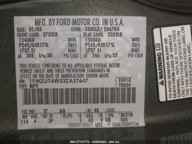 2003 FORD EXPLORER 1FMZU74W53ZA57647 Photo 8