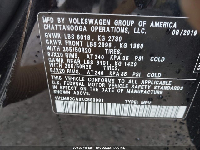 1V2MR2CA0KC593981 Volkswagen Atlas 3.6l V6 Sel