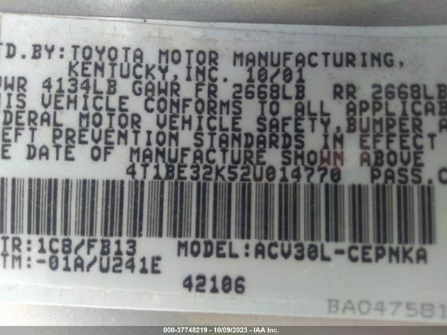 2002 TOYOTA CAMRY LE/SE/XLE VIN: 4T1BE32K52U014770