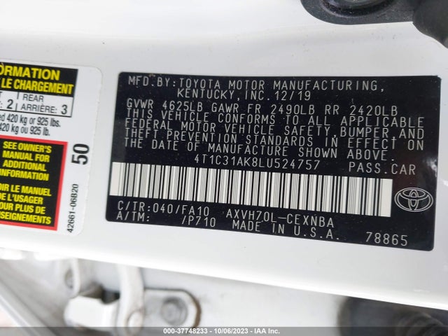 Toyota Camry Hybrid Le 2020 4T1C31AK8LU524757 Image 9