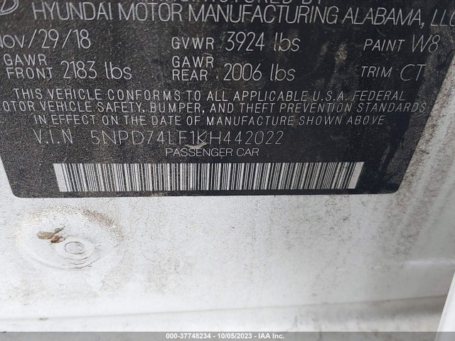 2019 HYUNDAI ELANTRA SE VIN: 5NPD74LF1KH442022