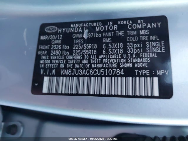 2012 HYUNDAI TUCSON LIMITED VIN: KM8JU3AC6CU510784