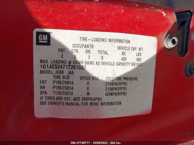 2001 CHEVROLET CAVALIER VIN: 1G1JC524717261037