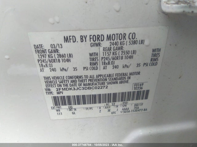 2013 FORD EDGE SEL VIN: 2FMDK3JC3DBC02272