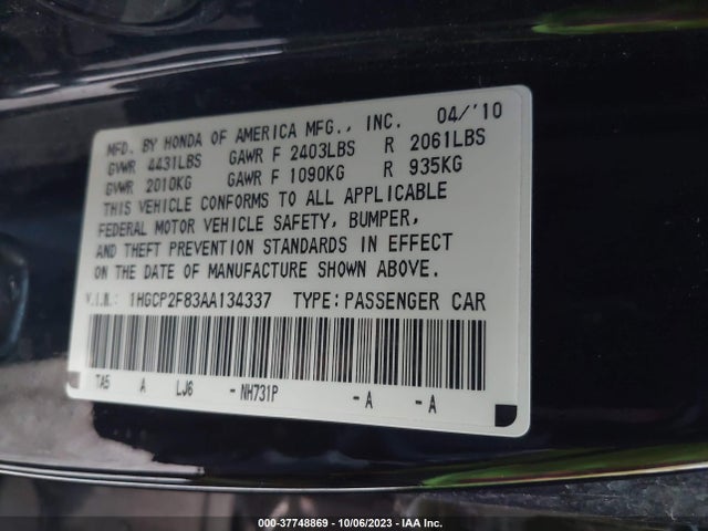 2010 HONDA ACCORD 2.4 EX-L VIN: 1HGCP2F83AA134337