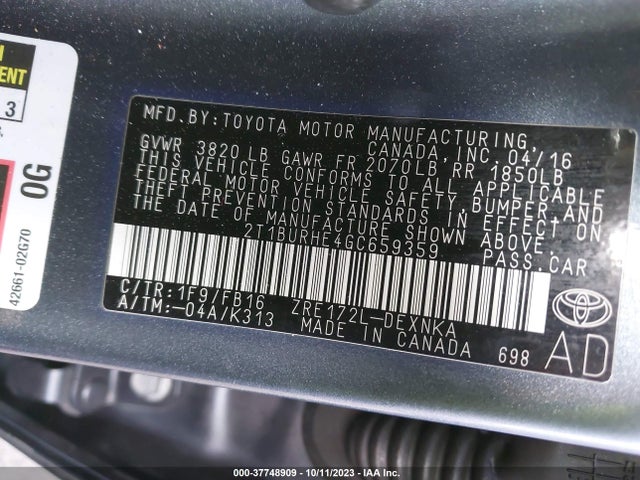 2016 TOYOTA COROLLA LE VIN: 2T1BURHE4GC659359