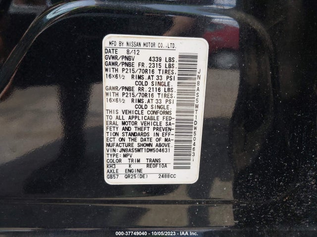2013 NISSAN ROGUE S VIN: JN8AS5MT1DW504631