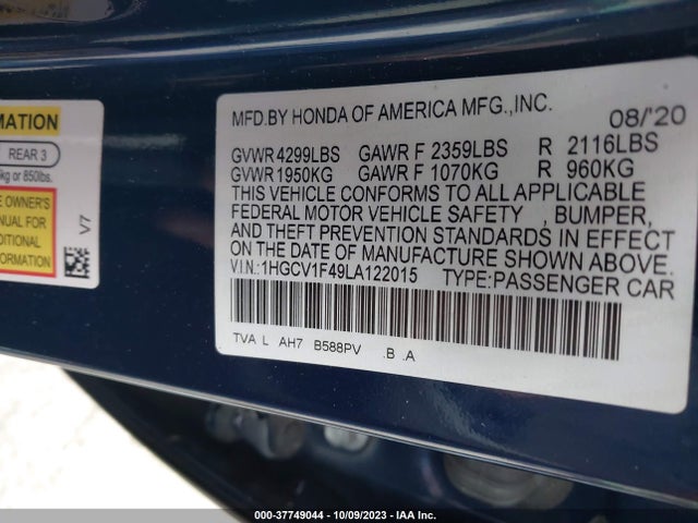 Honda ACCORD EX 2020 1HGCV1F49LA122015 Image 9