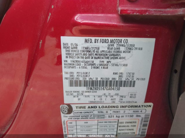 2007 FORD FREESTYLE SEL VIN: 1FMZK05147GA04150