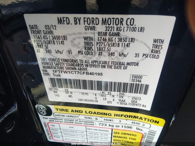2012 FORD F-150 XL/XLT/FX2/LARIAT VIN: 1FTFW1CT7CFB40195