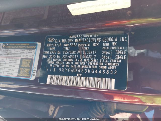 5XYPGDA53KG446832 KIA Sorento Lx V6