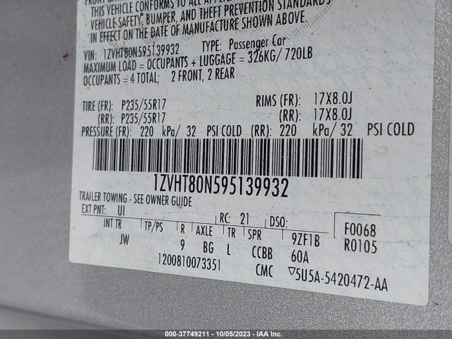 2009 FORD MUSTANG VIN: 1ZVHT80N595139932