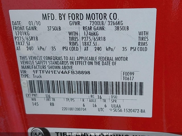2010 FORD F-150 XL/XLT/FX4/LARIAT VIN: 1FTFW1EV4AFB38898