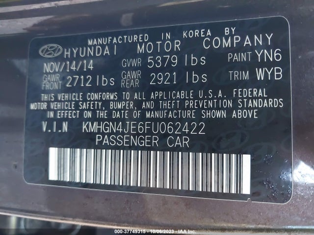 Hyundai Genesis 3.8l 2015 KMHGN4JE6FU062422 Image 9