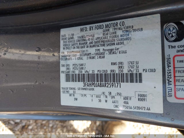 2010 FORD FUSION SEL VIN: 3FAHP0JA8AR259171