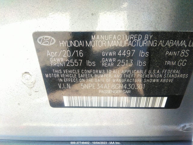 2016 HYUNDAI SONATA 2.4L SPORT VIN: 5NPE34AF8GH430301