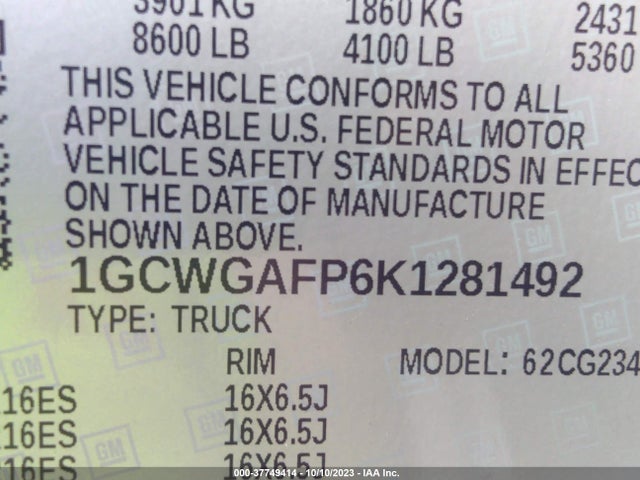 2019 CHEVROLET EXPRESS CARGO VAN VIN: 1GCWGAFP6K1281492