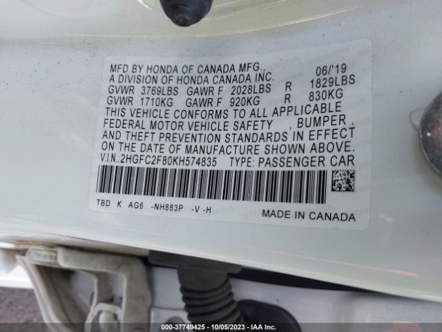 2HGFC2F80KH574835 Honda Civic Sedan Sport