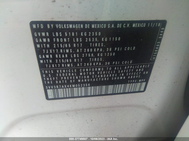 3VV3B7AX4KM052356 Volkswagen Tiguan Se/sel/sel R-line