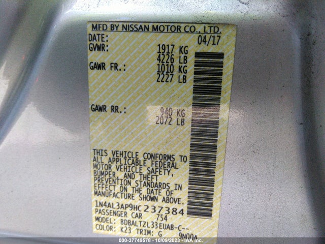 2017 NISSAN ALTIMA 2.5 SL VIN: 1N4AL3AP9HC237384