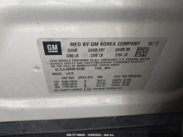 Chevrolet Trax Lt 2017 KL7CJLSBXHB152360 Image 9