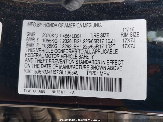 Honda CR-V EX 2016 5J6RM4H57GL136549 Image 9