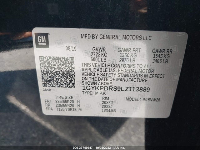37749647 :رقم المزاد ، 1GYKPDRS9LZ113889 vin ، 2020 Cadillac Xt6 Awd Premium Luxury مزاد بيع