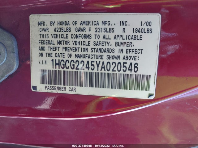 2000 HONDA ACCORD CPE 1HGCG2245YA020546 Photo 8