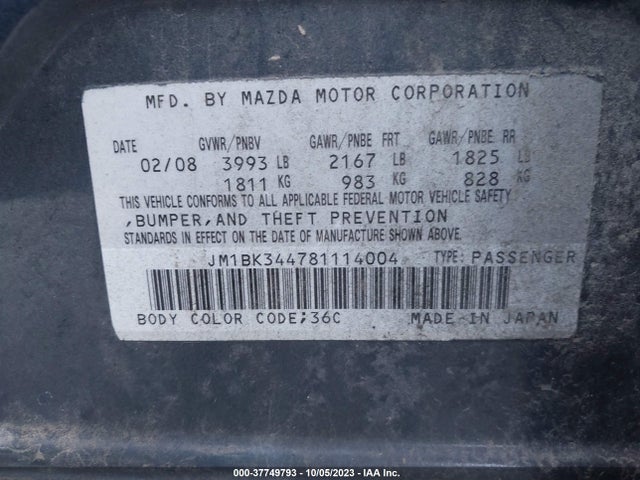 2008 MAZDA MAZDA3 S GRAND TOURING VIN: JM1BK344781114004
