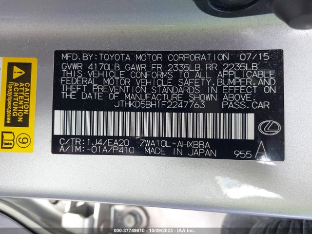 JTHKD5BH1F2247763 Lexus Ct 200h Hybrid