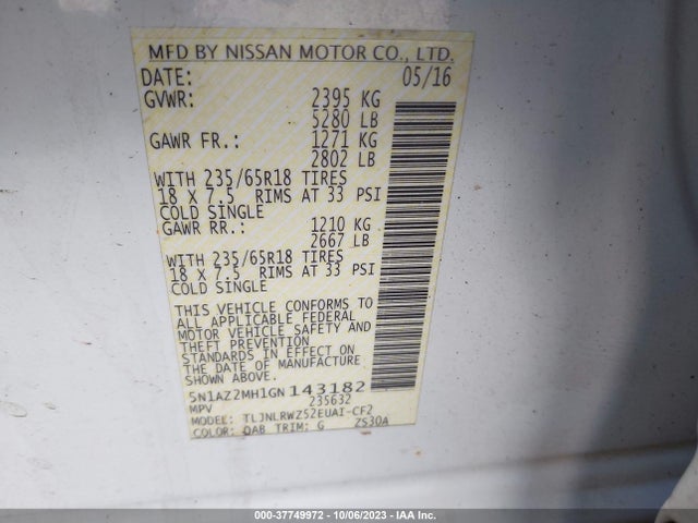 Nissan MURANO SL 2016 5N1AZ2MH1GN143182 Image 9