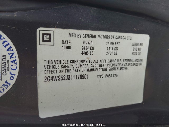 2001 BUICK CENTURY CUSTOM VIN: 2G4WS52J311178901