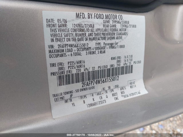 2006 FORD CROWN VICTORIA LX VIN: 2FAFP74W56X155012