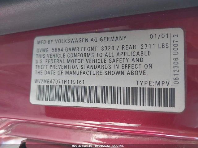 2001 VOLKSWAGEN EUROVAN MV VIN: WV2MB47071H119161