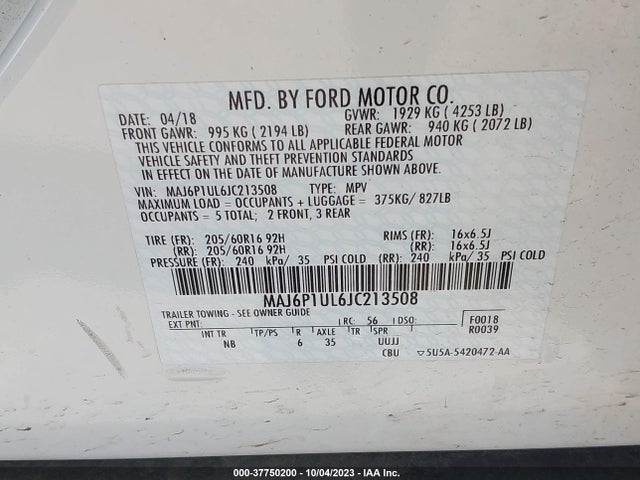 2018 FORD ECOSPORT SE VIN: MAJ6P1UL6JC213508