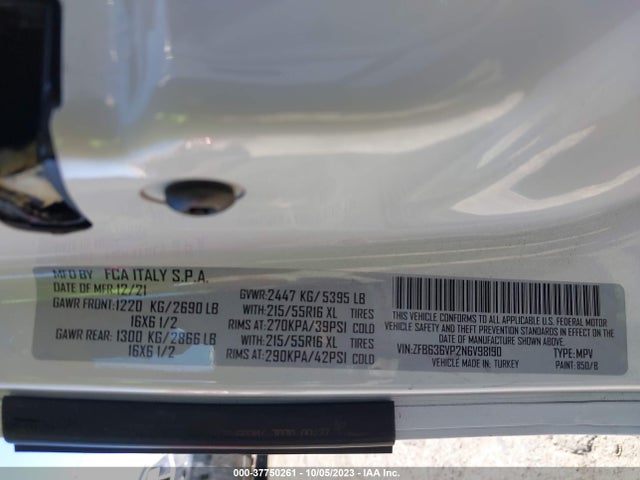 Продажа на аукционе авто 2022 Ram Promaster City Tradesman, vin: ZFB636VP2N6V98190, номер лота: 37750261