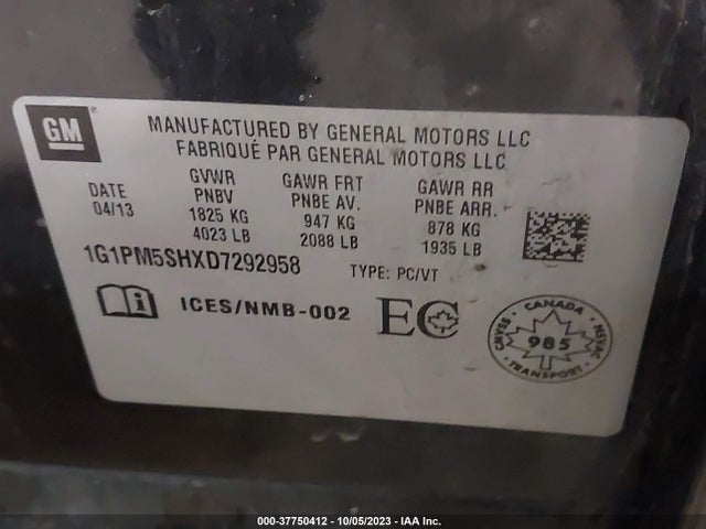2013 CHEVROLET CRUZE VIN: 1G1PM5SHXD7292958