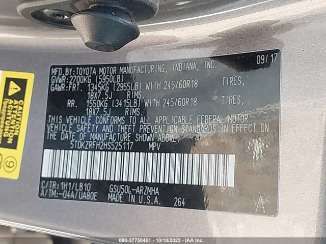 Toyota Highlander Xle/se 2017 5TDKZRFH2HS525117 Image 9