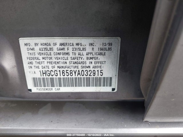 2000 HONDA ACCORD SDN EX W/LEATHER VIN: 1HGCG1658YA032915