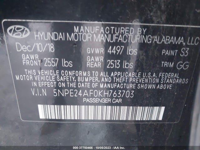 2019 HYUNDAI SONATA SE VIN: 5NPE24AF0KH763703