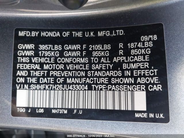 SHHFK7H26JU433004 Honda Civic Hatchback Lx