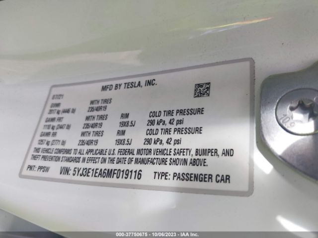 5YJ3E1EA6MF019116 Tesla Model 3 Standard Range Plus