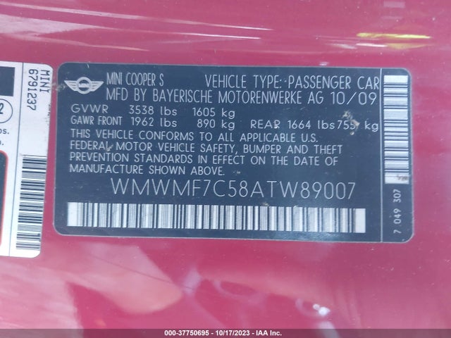 2010 MINI COOPER HARDTOP WMWMF7C58ATW89007 Photo 8