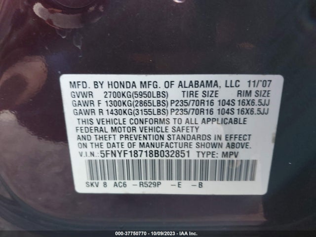 2008 HONDA PILOT EX-L VIN: 5FNYF18718B032851