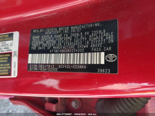 2008 TOYOTA CAMRY 4T1BE46K08U204002 Photo 8