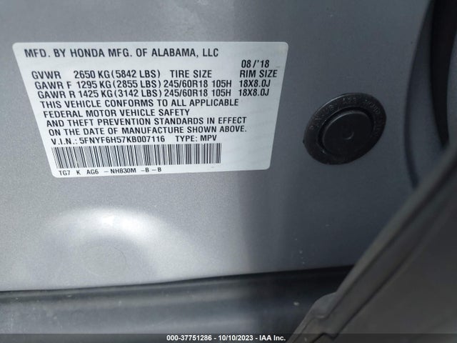 2019 HONDA PILOT EX-L VIN: 5FNYF6H57KB007116