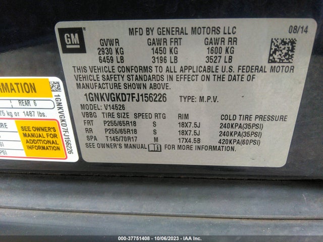 Chevrolet Traverse Lt 2015 1GNKVGKD7FJ156226 Image 9