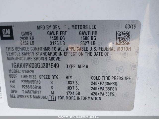 GMC Acadia Sle-2 2016 1GKKVPKD3GJ301549 Image 9